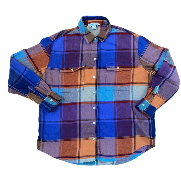 Old Navy Boyfriend Plaid Flannel Shirt Women Blue Orange Purple Casual Winter M - Picture 8 of 9